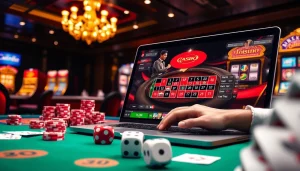 The high-stakes online gambling scene at https://rr88.wales/ featuring vibrant poker chips and casino tables.