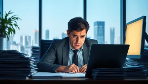 Struggling with brain fog while working at a cluttered desk amid city distractions.