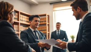 Real estate lawyer consulting clients in a professional office environment.