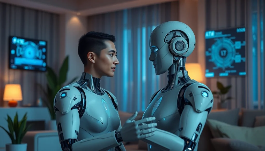 Engaging interaction between a human and an AI sex robot in a modern setting, showcasing innovative technology.