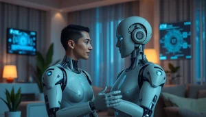 Engaging interaction between a human and an AI sex robot in a modern setting, showcasing innovative technology.