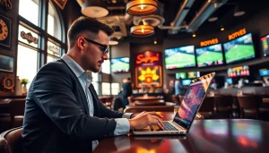 Real-time sports betting apps Nova Scotia analysis in a lively café setting with vibrant sports displays.