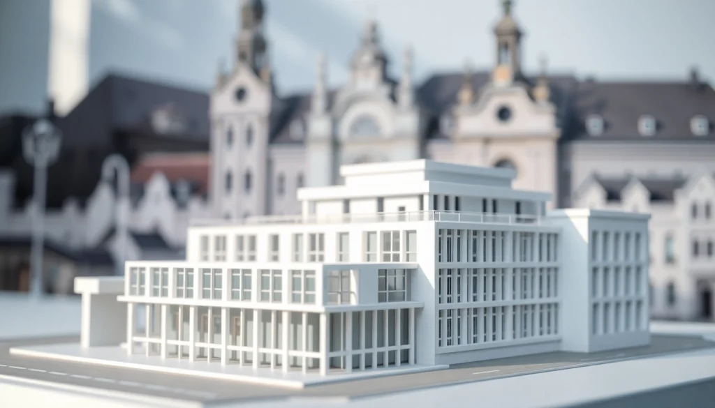 Architekturmodellbau Mainz zeigt ein detailliertes, modernes Architekturmodell im Vordergrund.