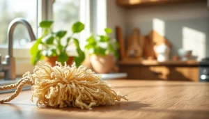 Kitchen loofah scrubber displayed on a rustic wooden counter in a sunlit kitchen setting.