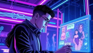 AI NSFW platform interaction with futuristic digital interface showcasing diverse characters and vibrant visuals.