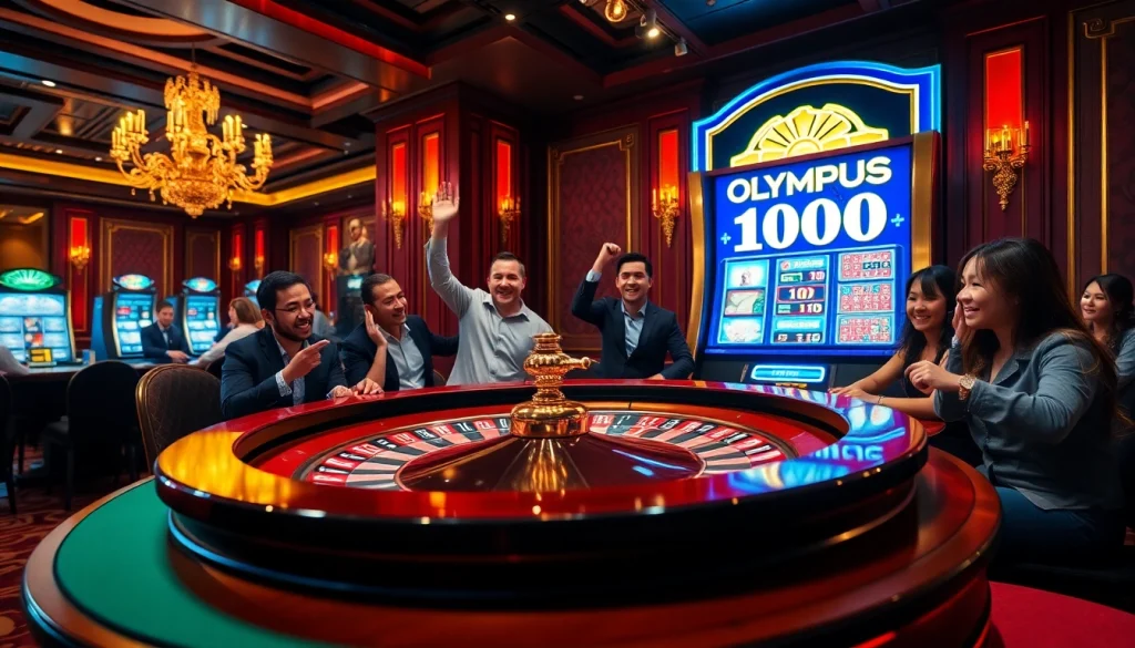 Experience the thrill of gambling with Olympus 1000 slot machine amidst a vibrant casino scene.
