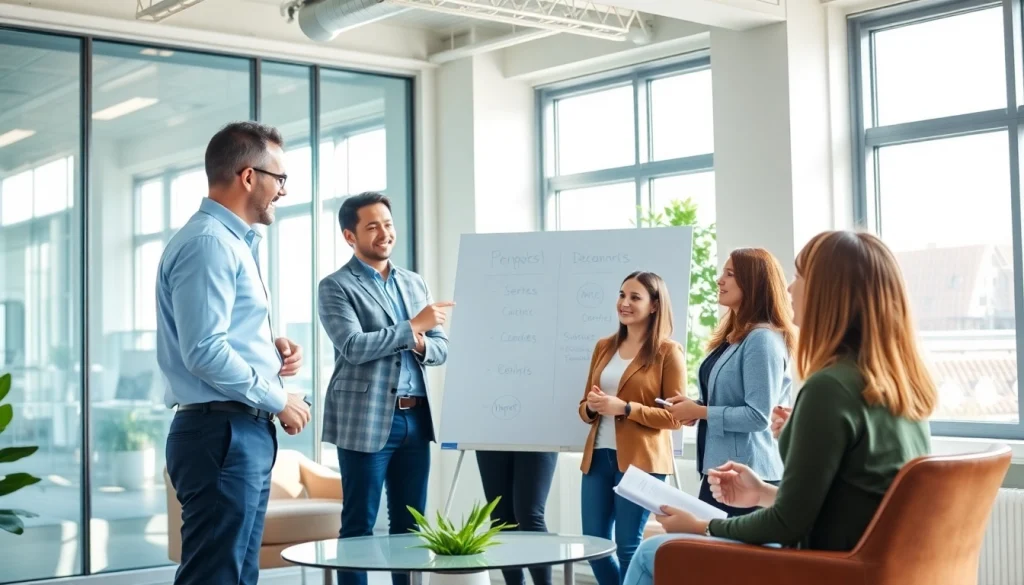 Engaged group receiving a business coaching service in a modern office setting.