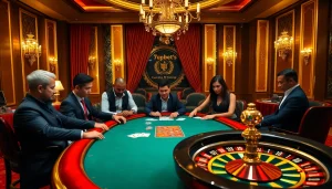 Experience the thrill of 7upbet at a luxurious poker table in a vibrant casino.