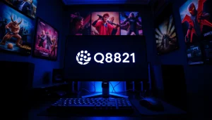 Menyajikan logo qq8821 di setup gaming modern dengan aksesori stylish dan suasana yang energik.