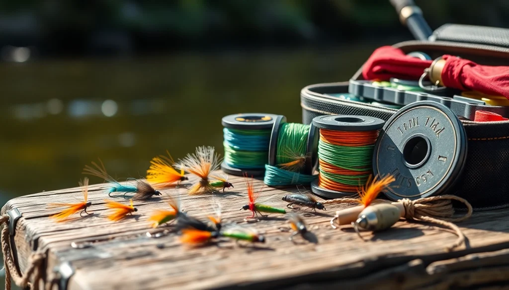 Showcase of fly fishing accessories featuring vibrant flies and tackle box on a rustic surface.