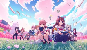 Engaging scene of diverse characters enjoying a hentai game, showcasing vibrant anime aesthetics and gaming elements.