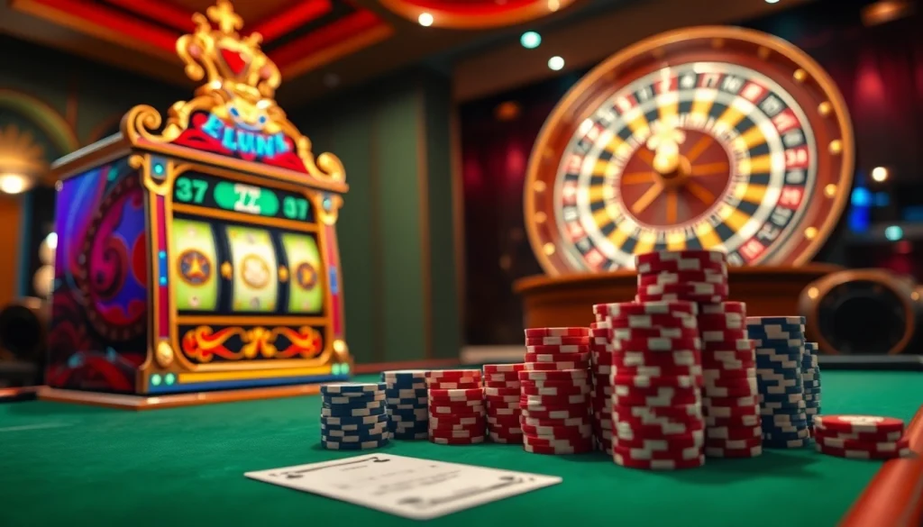 Rasakan sensasi slot deposit pulsa tanpa potongan dengan suasana kasino mewah yang menampilkan mesin slot berwarna-warni, roda roulette, dan chip poker.