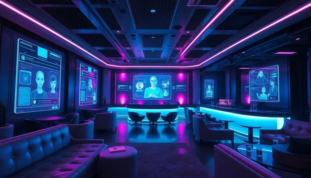 Engaging NSFW AI chat in a futuristic lounge with holographic interfaces.