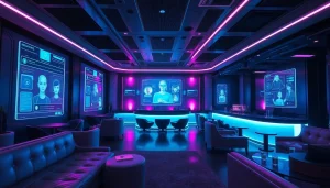 Engaging NSFW AI chat in a futuristic lounge with holographic interfaces.