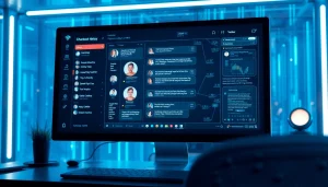 Engaging character AI NSFW chatbot interface in a futuristic workspace.