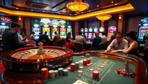 Engaging players at i9bet's vibrant casino table with colorful chips and a roulette wheel.