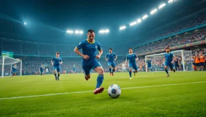 Soccer action capturing a goal-scoring moment with rich details, emphasizing ผลบอลสด thscore in the excitement of the game.