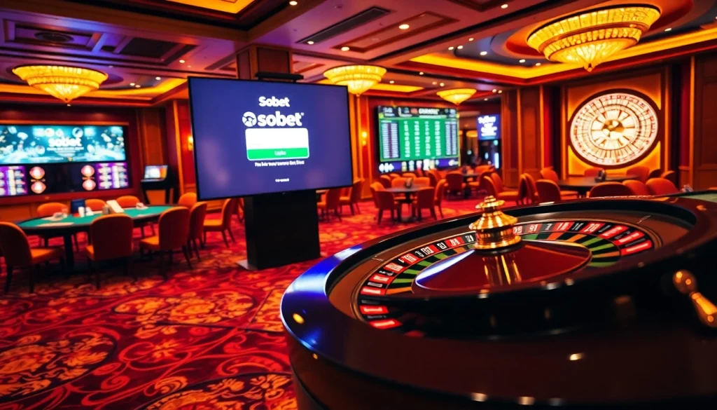 Engaging sbobet login interface with roulette wheel and poker chips in a luxurious casino setting.