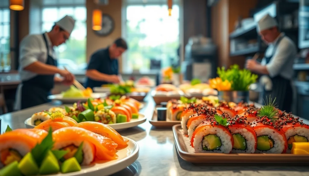 Menggugah selera slot deposit 1000 dengan sushi segar di bar sushi yang ramai.