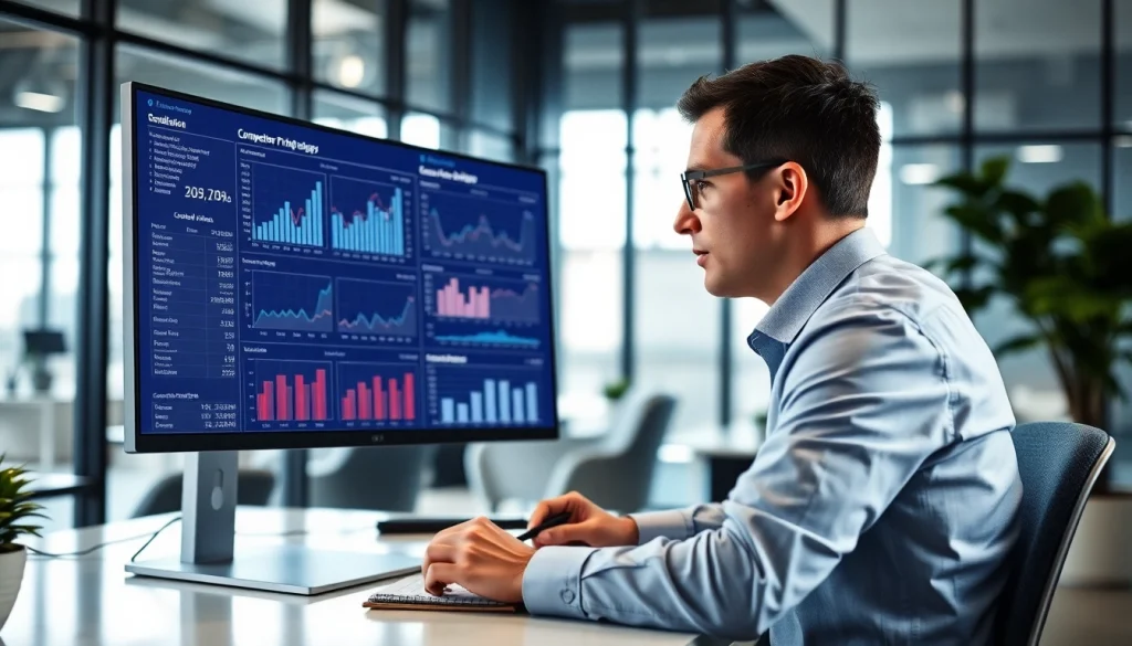 Find competitor pricing through an engaged analyst analyzing data and charts in a modern office.