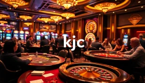 Engaged players at a luxurious casino featuring a vibrant gaming scene with kjc prominently displayed.