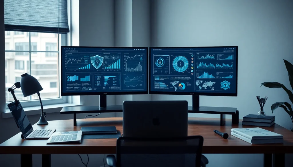 A modern workspace showcasing infosec data analytics on computer screens.