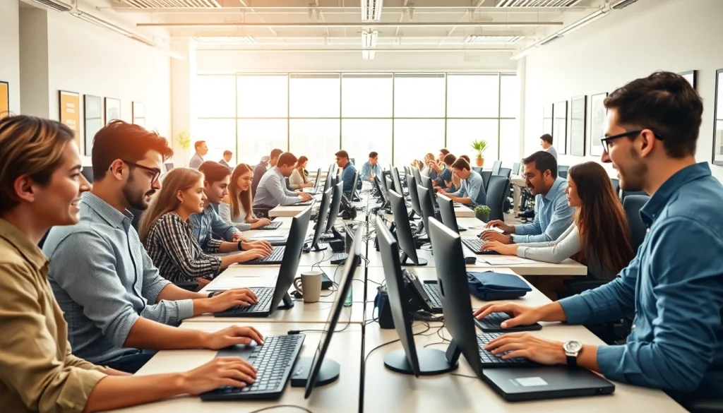 Engage at a typing center with professionals enhancing their skills in a modern workspace.