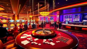 Exciting gaming action at U88's luxury casino, featuring roulette, poker, and vibrant slot machines.