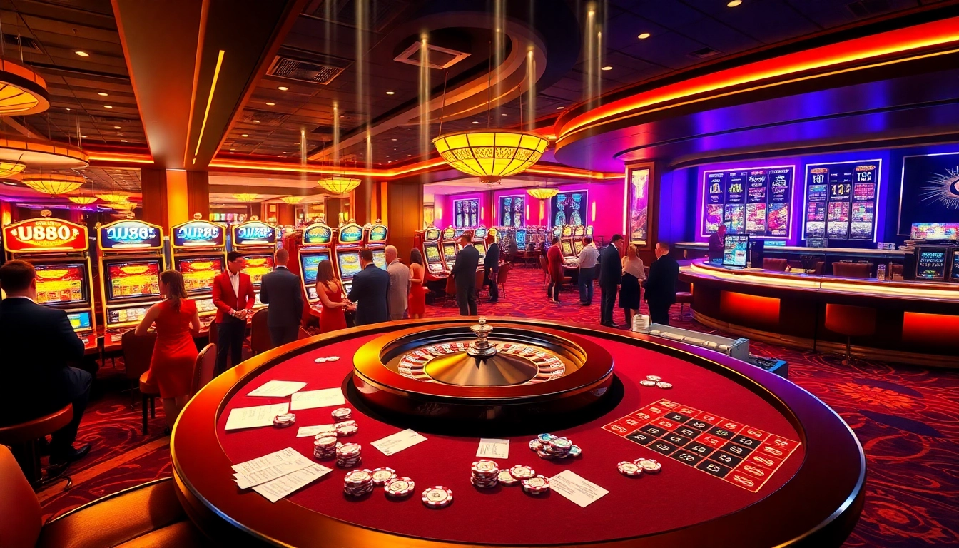 Exciting gaming action at U88's luxury casino, featuring roulette, poker, and vibrant slot machines.