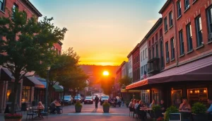 Clarksburg cityscape at sunset with a vibrant café scene and historic architecture.