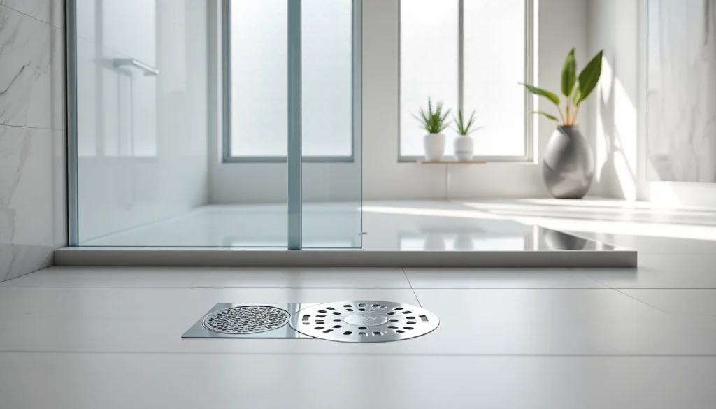 Modern shower base in an elegant bathroom with sleek design and natural lighting.