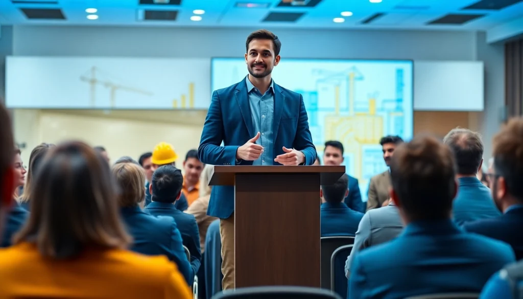 Engaging construction advocacy presentation with a confident speaker and attentive audience.