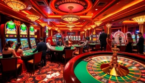 An exciting casino scene at https://hanoiculturetravel.com/ featuring players at poker tables, colorful slot machines, and a spinning roulette wheel.