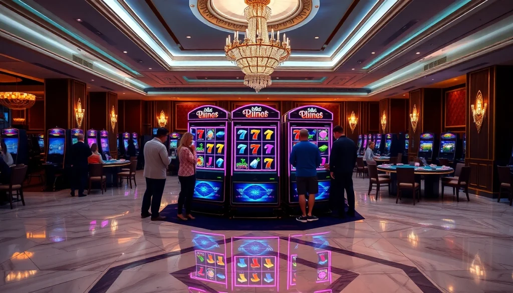 Players enjoying the excitement of slot777 machines in a luxurious casino setting.