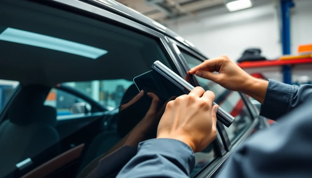 Applying auto window tint near me in a professional setting with expert hands and clear focus.