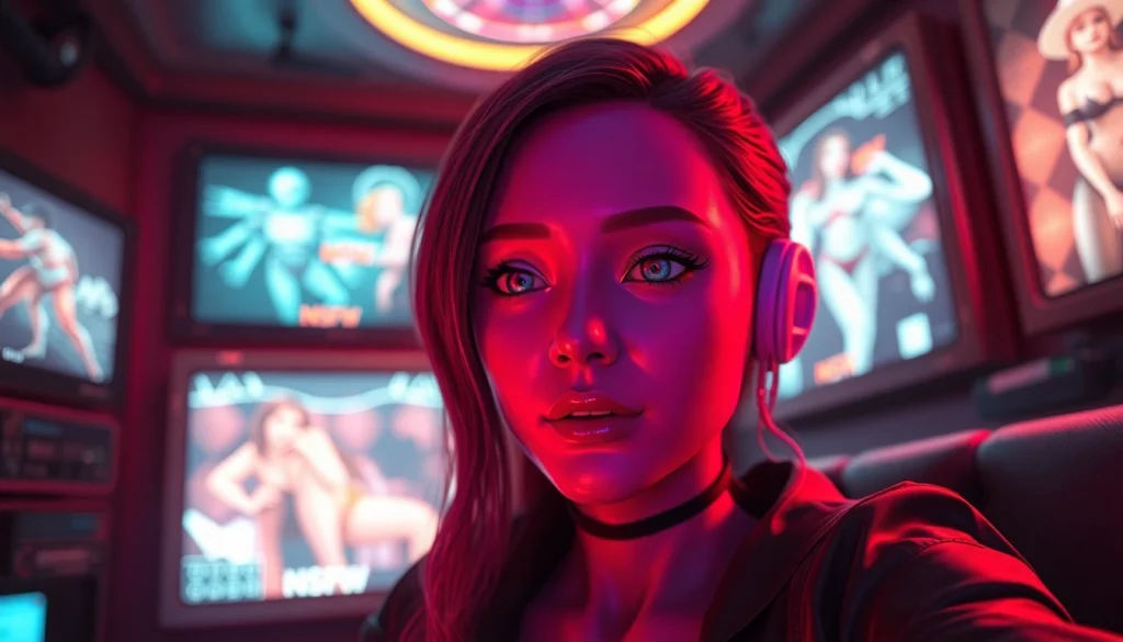 AI-generated character in a vibrant digital lounge, showcasing ai nsfw artwork and futuristic elements