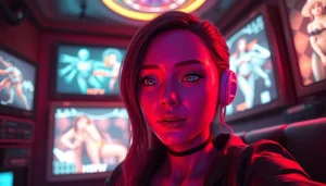 AI-generated character in a vibrant digital lounge, showcasing ai nsfw artwork and futuristic elements