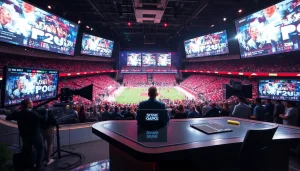 Engaging scene of sports broadcasting showcasing a host and energetic sports event.