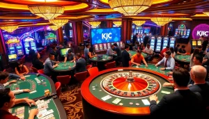 Participants immerse in the thrilling KJC casino experience, playing roulette and poker at elegant gaming tables.