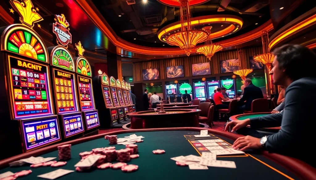 Experience the thrill of winning big with 555 win at this vibrant casino scene featuring slot machines and poker tables.