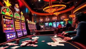 Experience the thrill of winning big with 555 win at this vibrant casino scene featuring slot machines and poker tables.