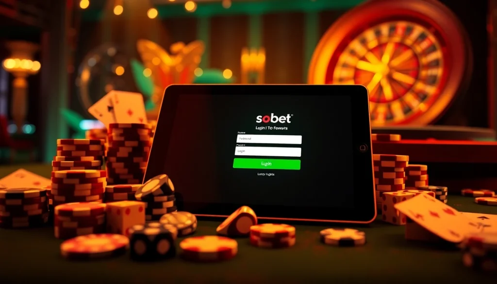 Engage with sbobet login on a sleek online betting platform surrounded by vibrant casino elements.