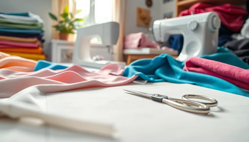 Beginnende naaiers werken aan kleurrijke stoffen in een stijlvolle naaiomgeving.