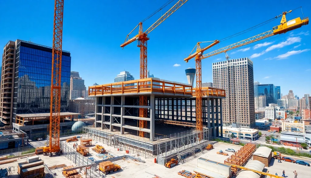 Austin construction workers building a modern structure at a bustling city site.