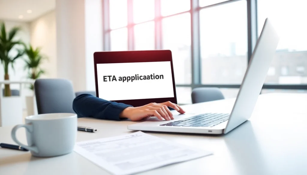 Engaged professional utilizing the eta application uk on a laptop in a bright office.
