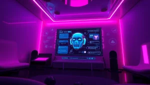 Futuristic NSFW AI chatbot interface in a modern room with ambient lighting