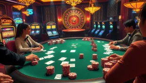 Engaging poker players enjoying an animated hentai game atmosphere in a luxurious casino setting.