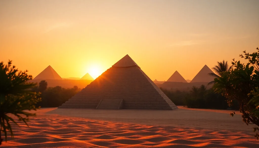 Visualize the piraminds standing majestically against a sunset sky, evoking awe and historical significance.