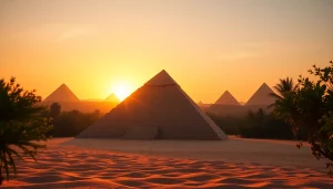 Visualize the piraminds standing majestically against a sunset sky, evoking awe and historical significance.