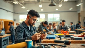 Students at abc trade school actively participating in a welding exercise in a bright classroom.